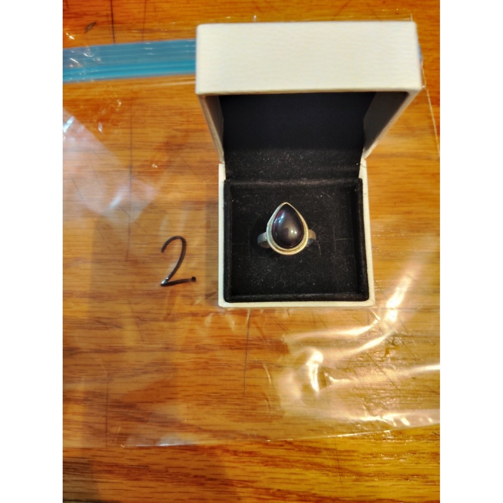 925 Sterling Silver Pear Cabochon Ring Dark Purple Stone Size 7.25 Solitaire